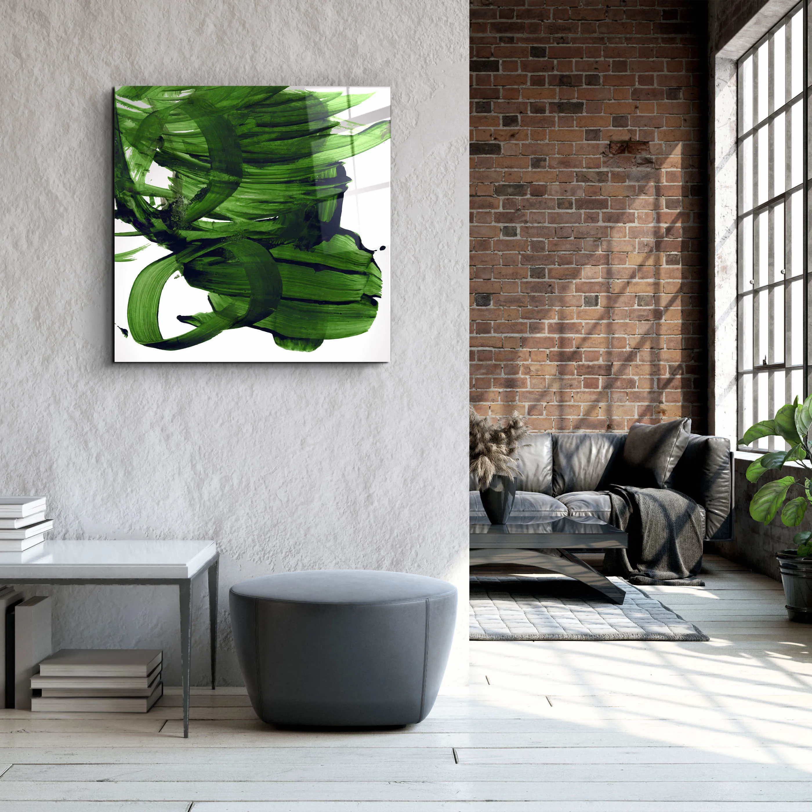 ."Green Abstract Brush Strokes". Designer's Collection Glass Wall Art