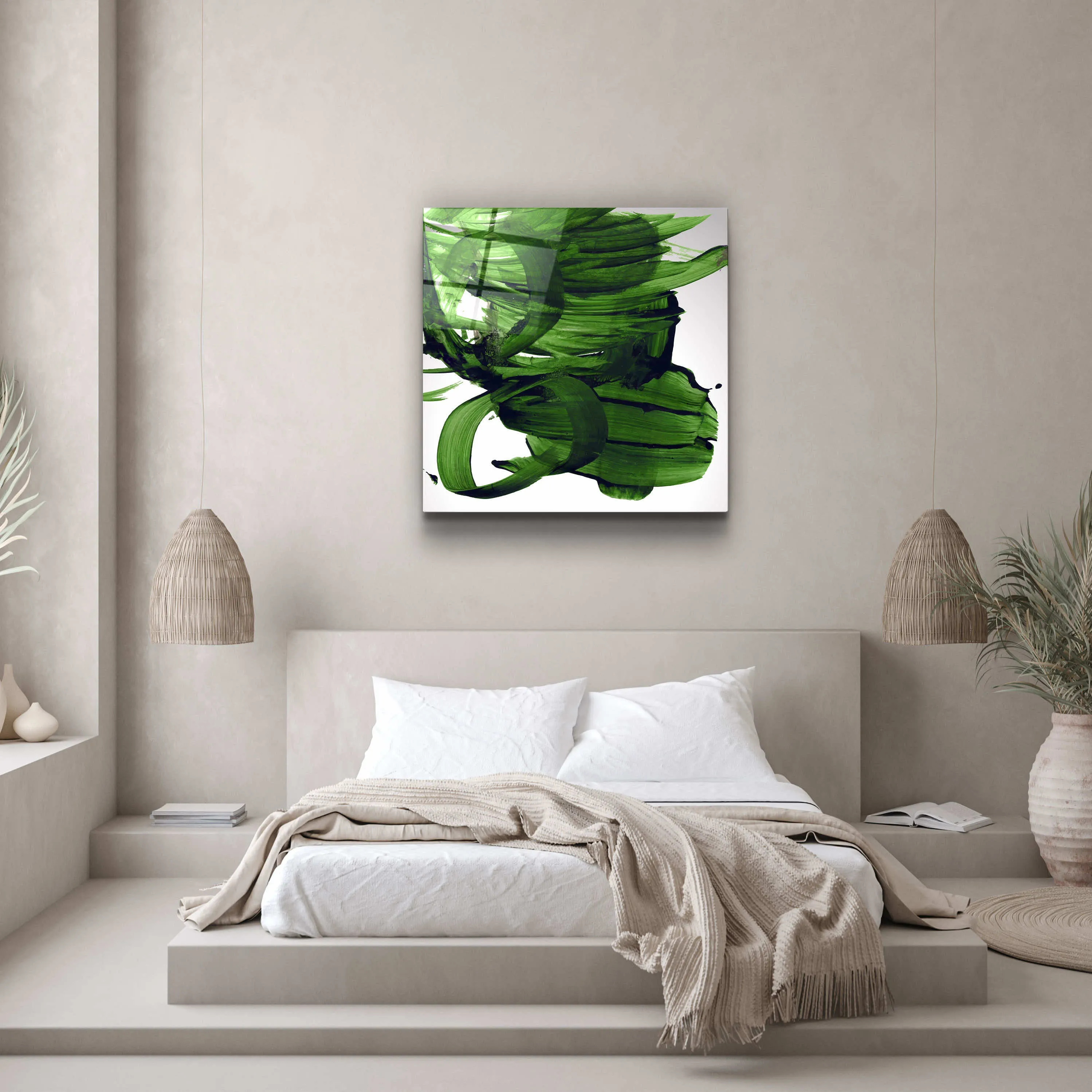 ."Green Abstract Brush Strokes". Designer's Collection Glass Wall Art