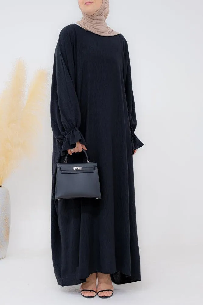 Radwa batwing abaya with ruched sleeve and loose cut in black