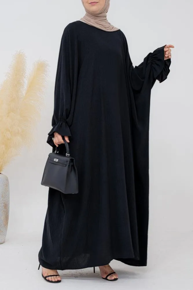 Radwa batwing abaya with ruched sleeve and loose cut in black