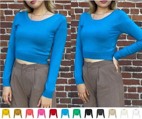 Round Neck Long Slv Crop Sweater Knit Crop Top