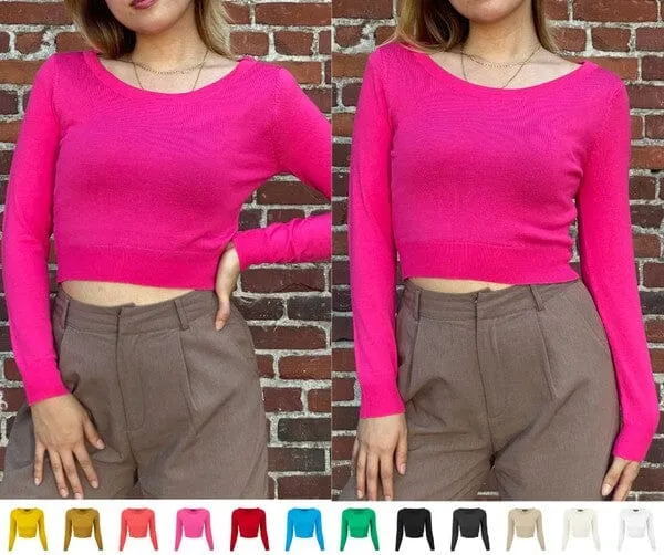 Round Neck Long Slv Crop Sweater Knit Crop Top