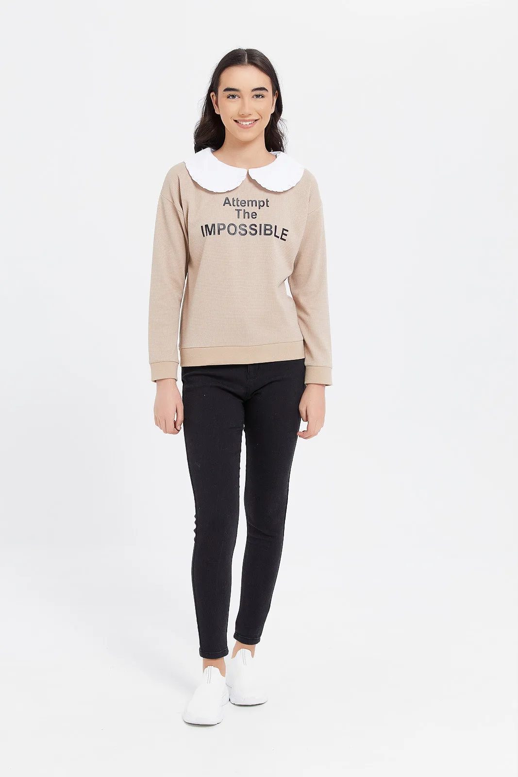 Senior Girls Printed Beige Peter Pan Collar Sweatshirt