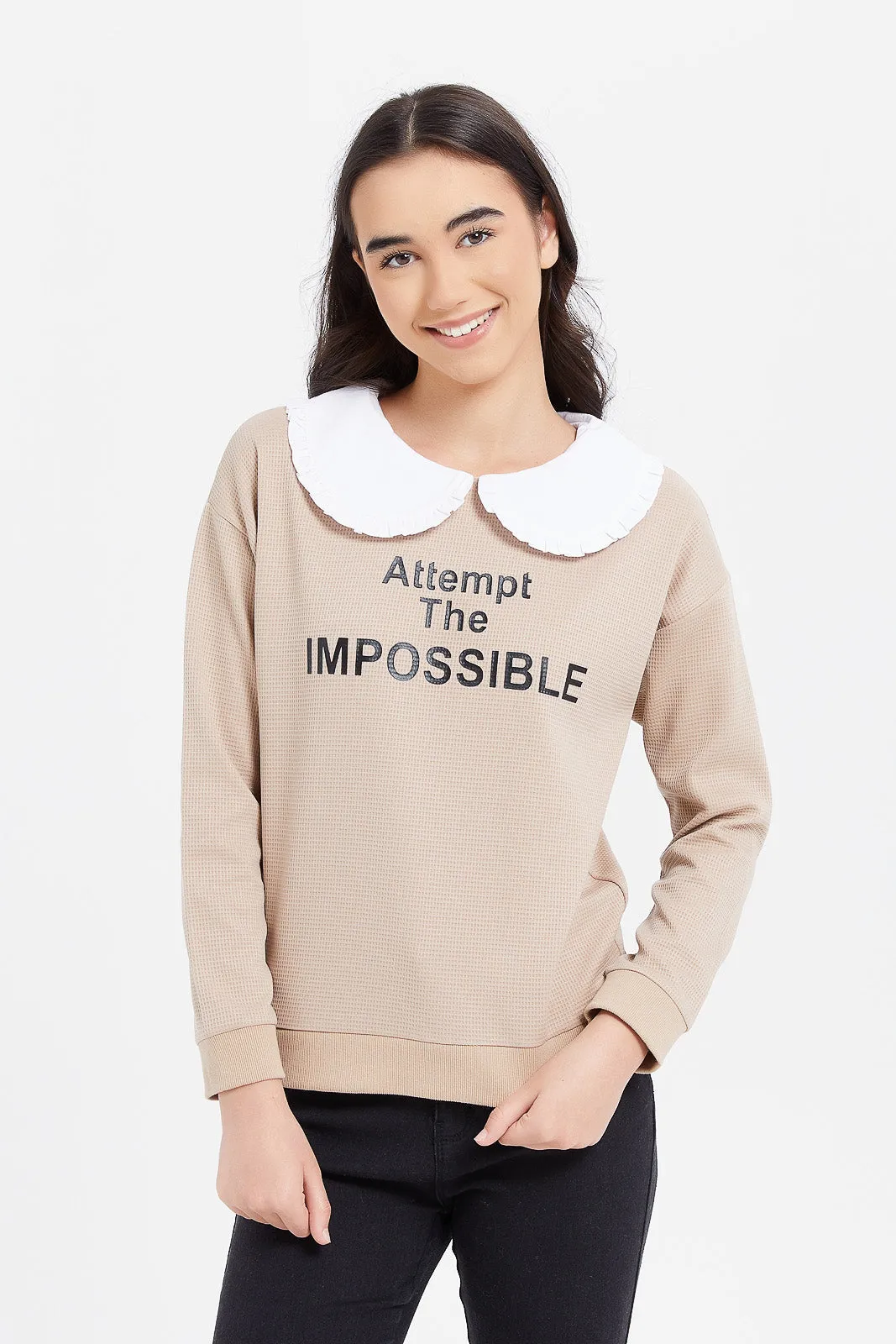 Senior Girls Printed Beige Peter Pan Collar Sweatshirt