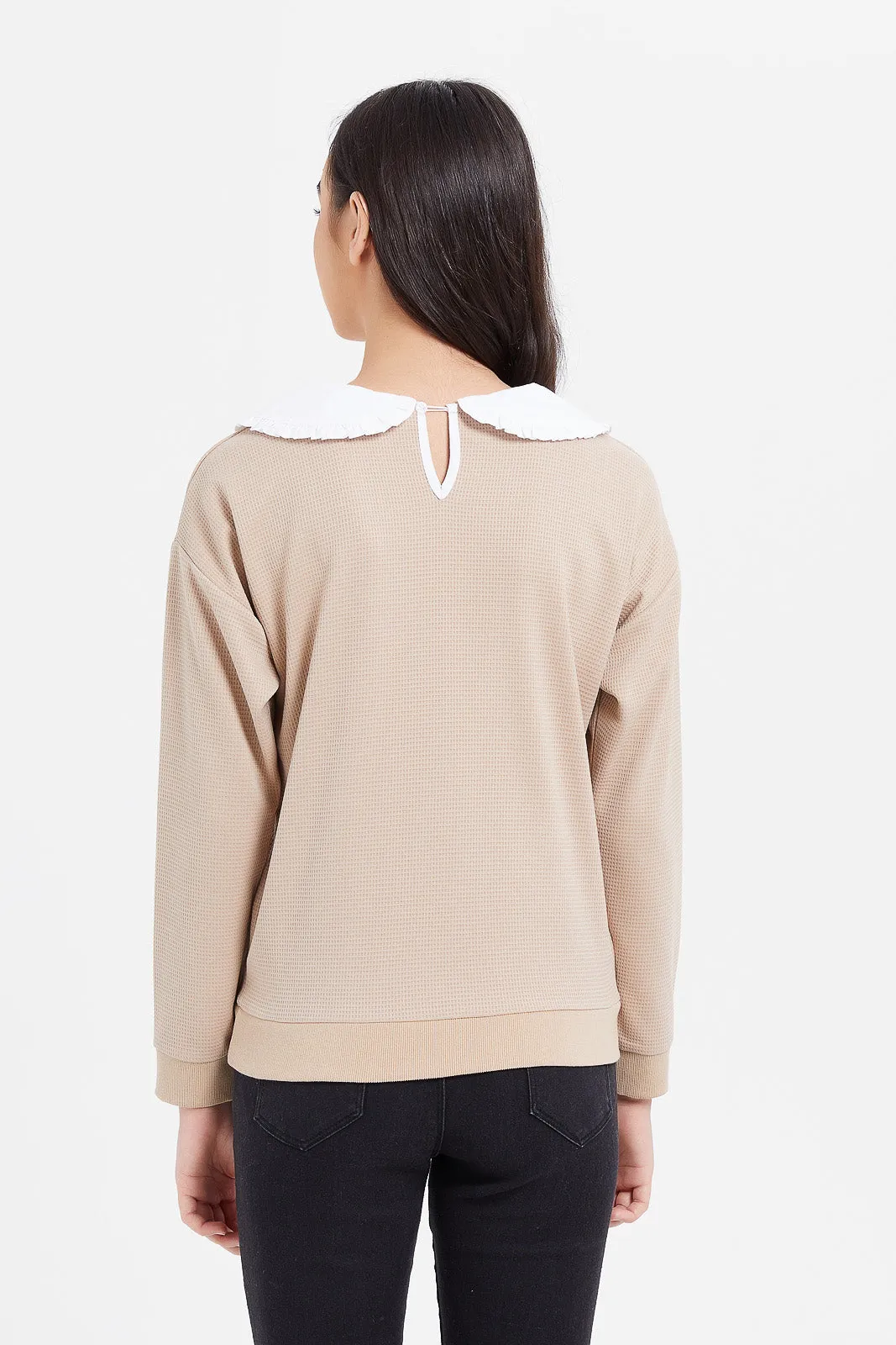 Senior Girls Printed Beige Peter Pan Collar Sweatshirt