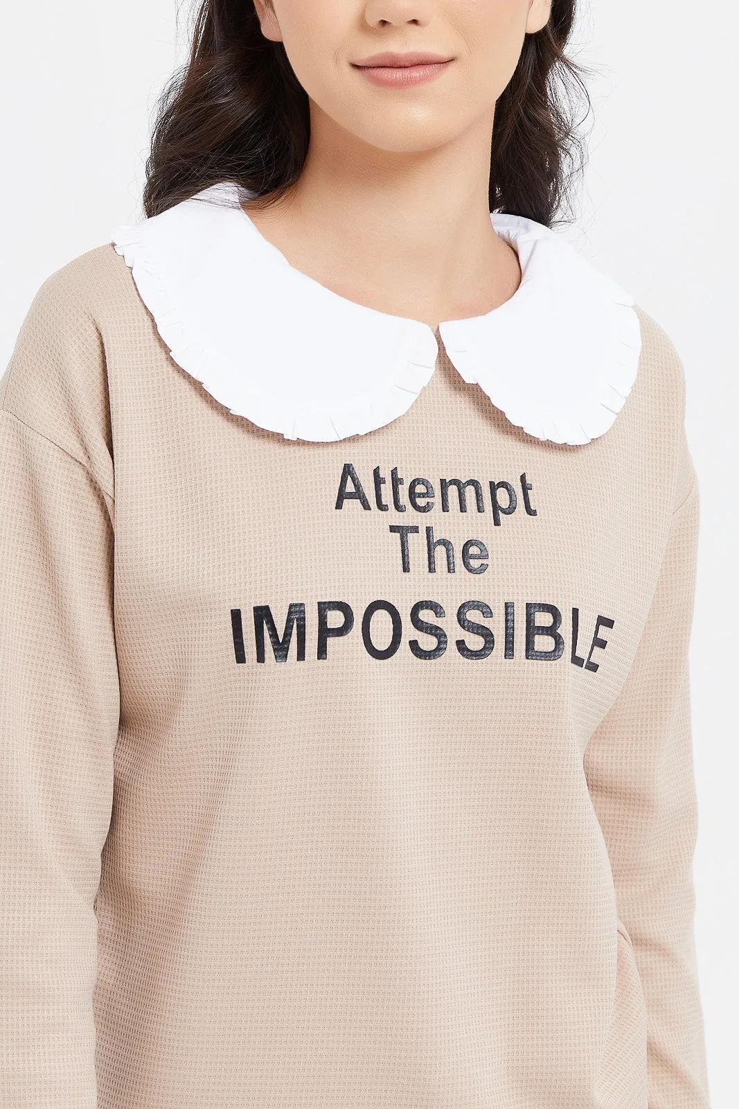 Senior Girls Printed Beige Peter Pan Collar Sweatshirt