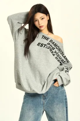 Slanted Shoulder Letter Design Long Sleeve Sweatshirt Loose Lazy Top