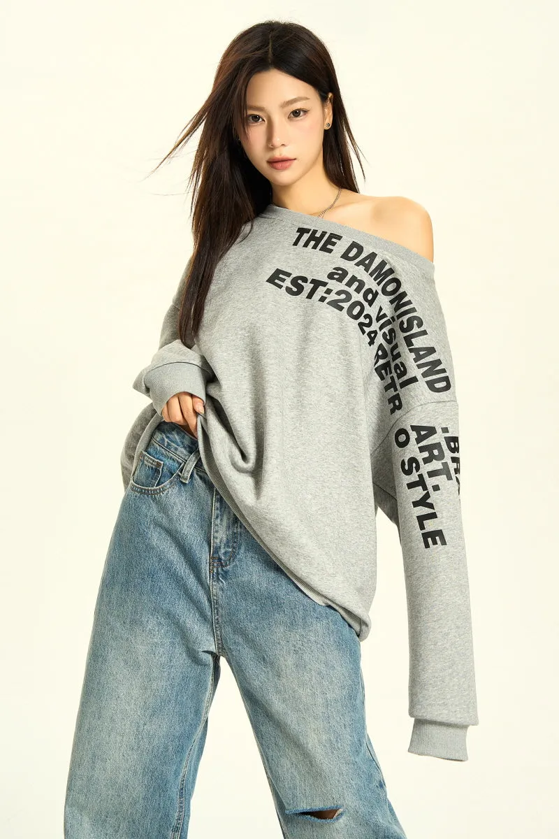 Slanted Shoulder Letter Design Long Sleeve Sweatshirt Loose Lazy Top