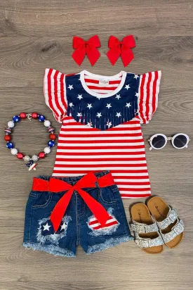 Stars & Stripes Ruffle Sleeve Denim Short Set