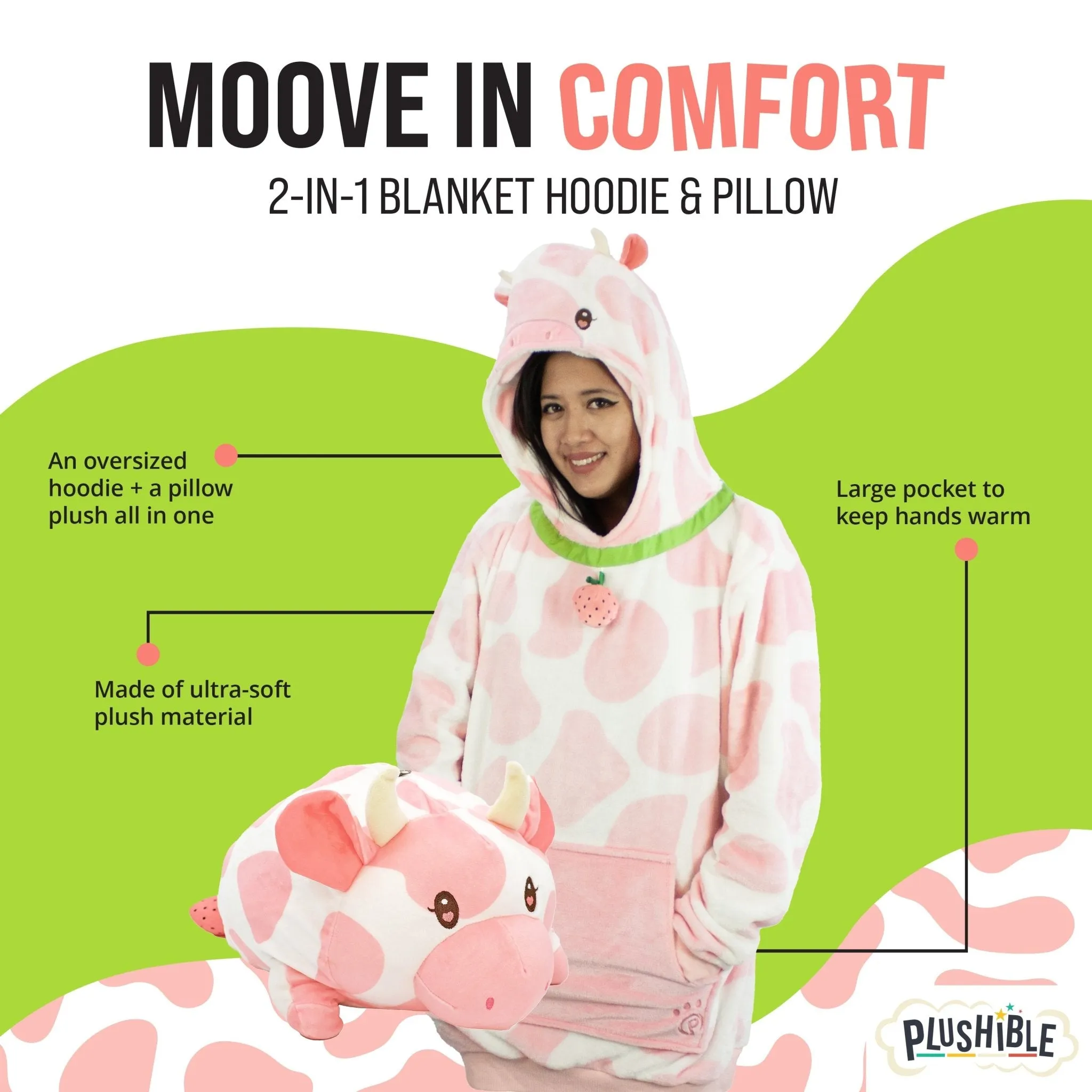 Strawberry Cow Adult Snugible | Blanket Hoodie & Pillow