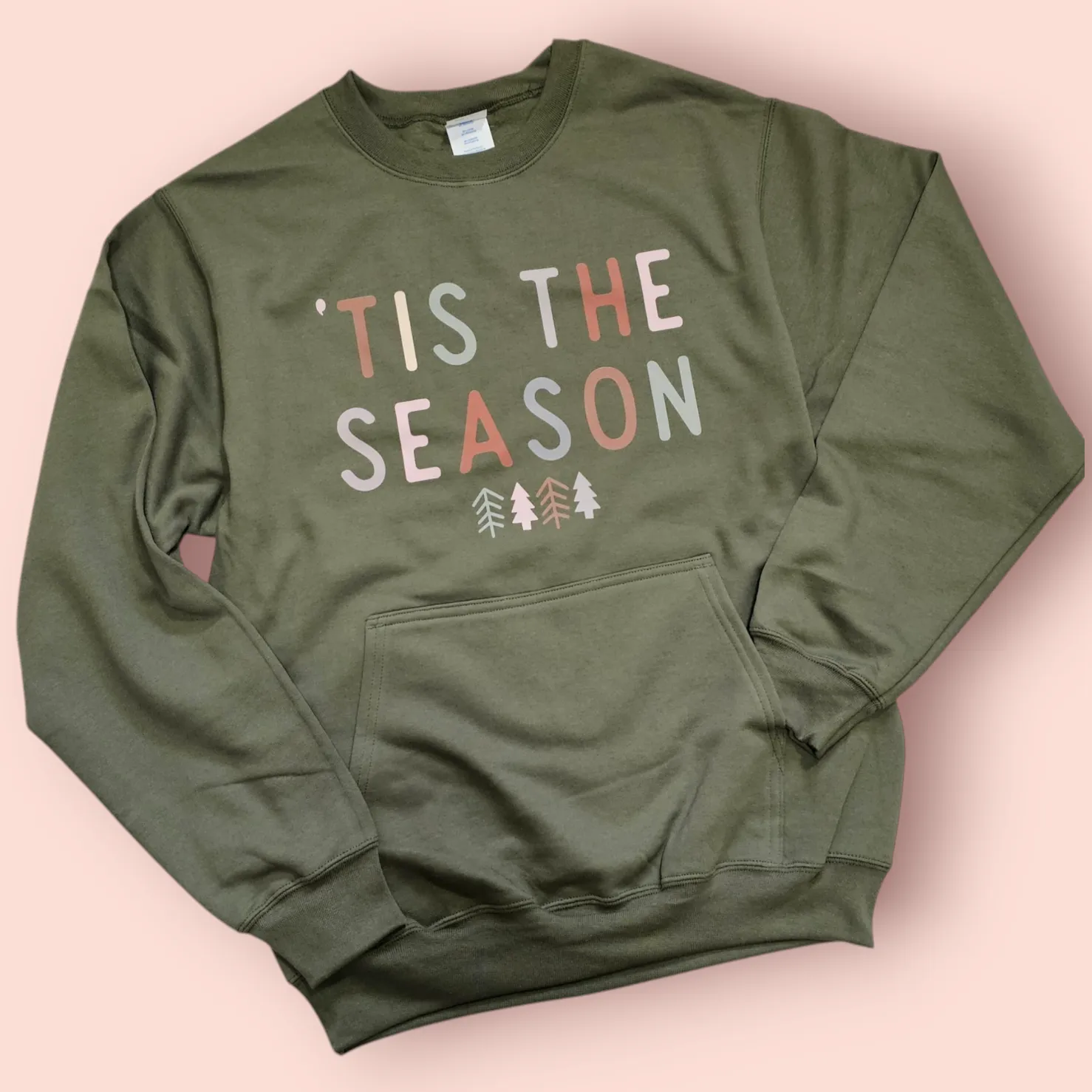 Tis the Season Vintage Olive Green Christmas Pocket Crewneck Sweatshirt