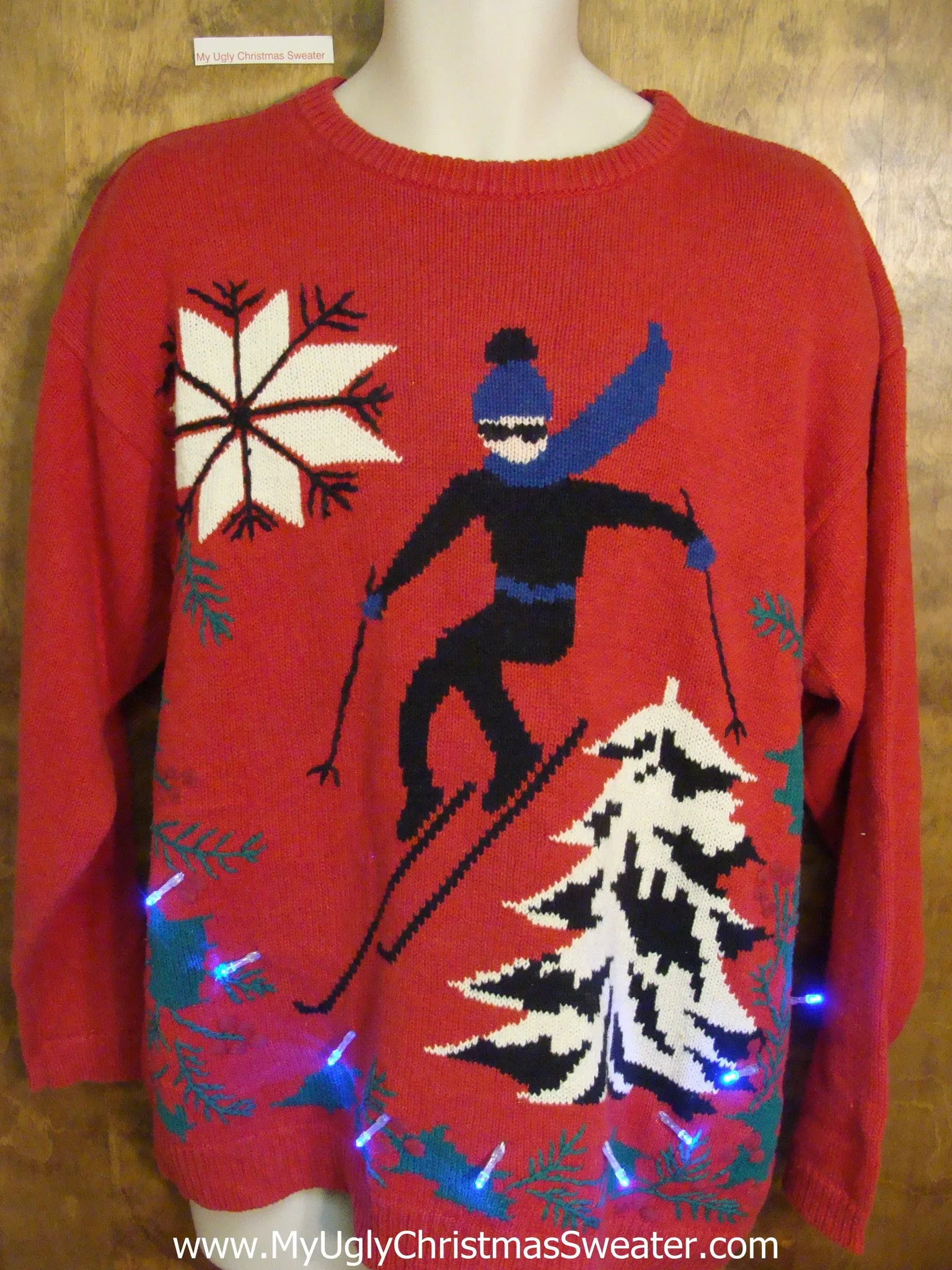 Vintage Ski Themed Tacky Xmas Sweater with Lights