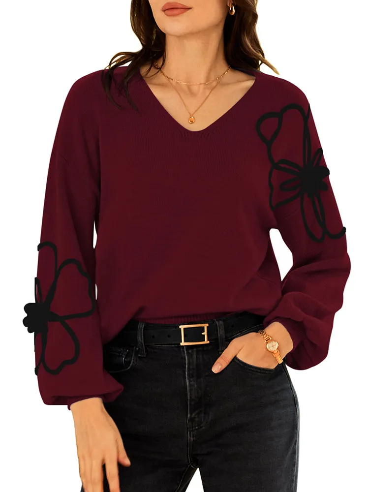 Women'sFloral V Neck Tunic Pullover Long Sleeve Oversized Fall Casual Sweater